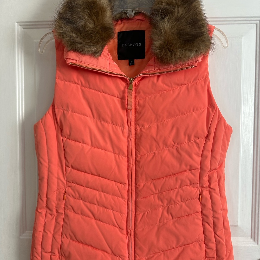 Talbots Coral Puffer Vest with Faux Fur Collar